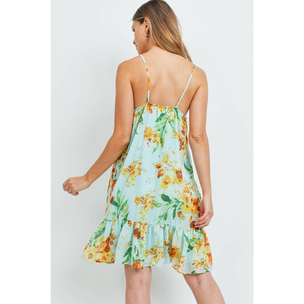 Mint Floral Slip Dress Spaghetti Strap Ruffle Hem Dress - Picture 4 of 5